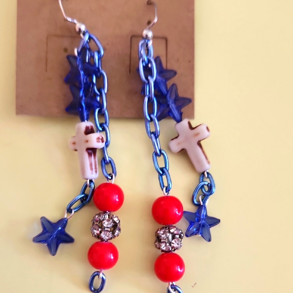Handmade Red White & Blue Stars & Cross Earrings